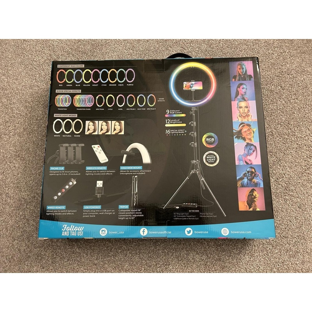 Bower 16in RGB Ring Light Kit Unisex 16in Multicolor New Tripod Remote 3 Holders